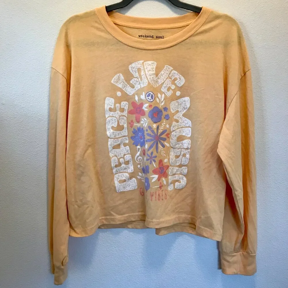 Weekend Soul Women's Peace Love Music‎ Good Vibes Long-Sleeve T-Shirt Size L